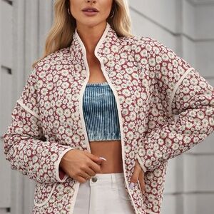 B181 Pink Floral Print Contrast EdgeStand Neck Coat